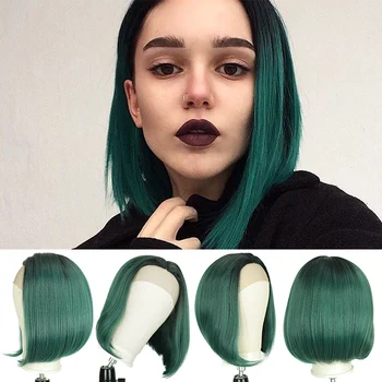 

XUANGUANG Green Color Synthetic Hair Lace Front Wigs With Baby Hair Straight Hair Short BoB Lace Wigs With Pre Plucked