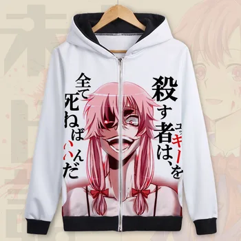 

New Men Women Hoodie Anime Future Diary Sweatshirts Unisex Zipper Coat Mirai Nikki Gasai Yuno Cosplay Fleece Hoodies Costumes
