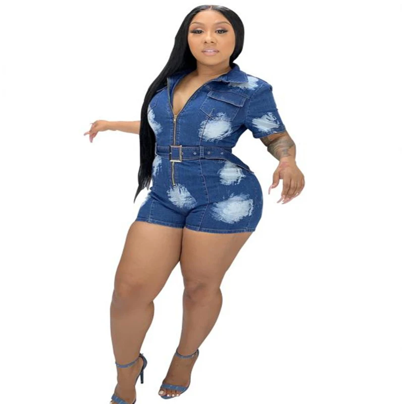 

Zipper Front Turn Down Collar Denim Bandage Playsuits For Women Sexy One Piece Bodycon Bodysuit Shorts Sashes Jeans Tight Fit