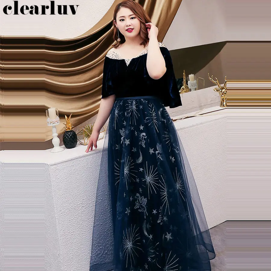 Вечерние платья Длинные темно-синие Robe De Soiree нового размера плюс с О-образным вырезом с коротким рукавом женские вечерние платья Формальное вечернее платье T095