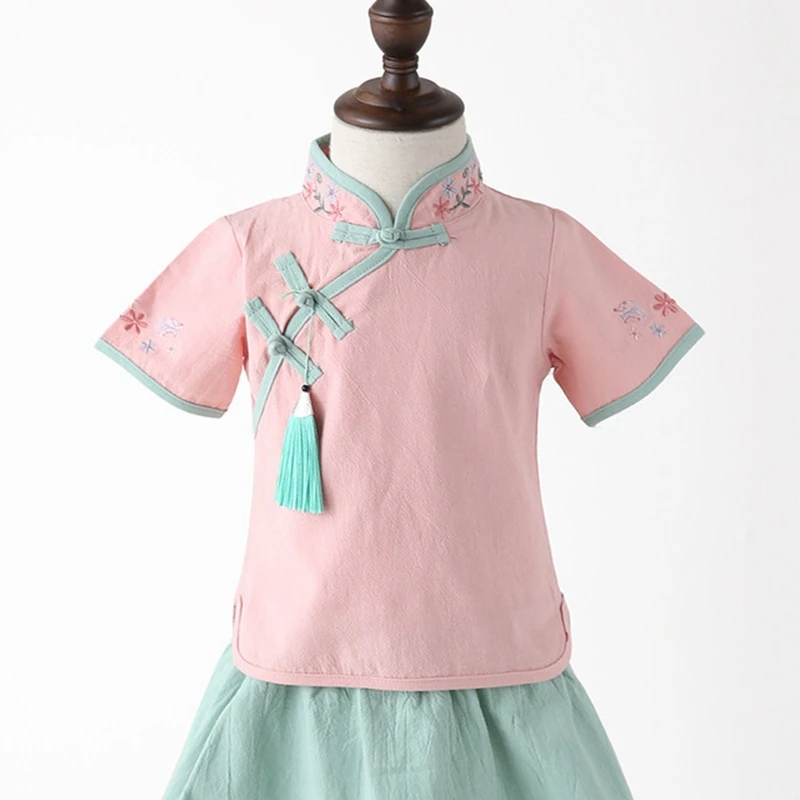 Детская летняя куртка с вышивкой; Hanfu; костюм для девочек; cheongsam; Улучшенная юбка Hanfu; детская одежда в национальном стиле для девочек