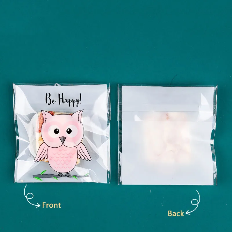 100 Pz/Lotto Bianco Glassato Happy Pink Owl Biscotti Fatti A Mano Per Feste Candy Self Stick Packaging Bag Cute Bird Baking Food Ziplock Bag