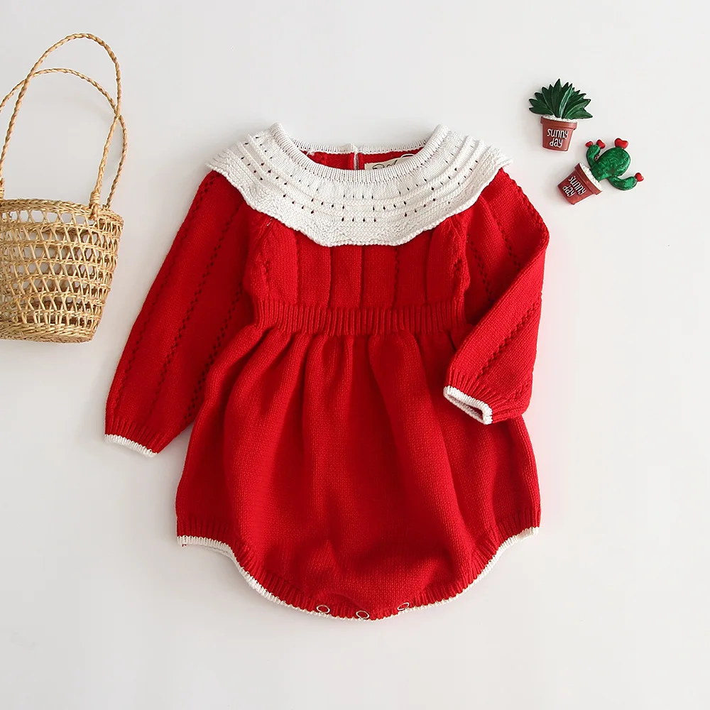 Комбинезон принцессы с рюшами для новорожденных; вязаные Комбинезоны для маленьких девочек; шерстяной комбинезон; одежда для малышей; комбинезон с длинными рукавами - Цвет: C red