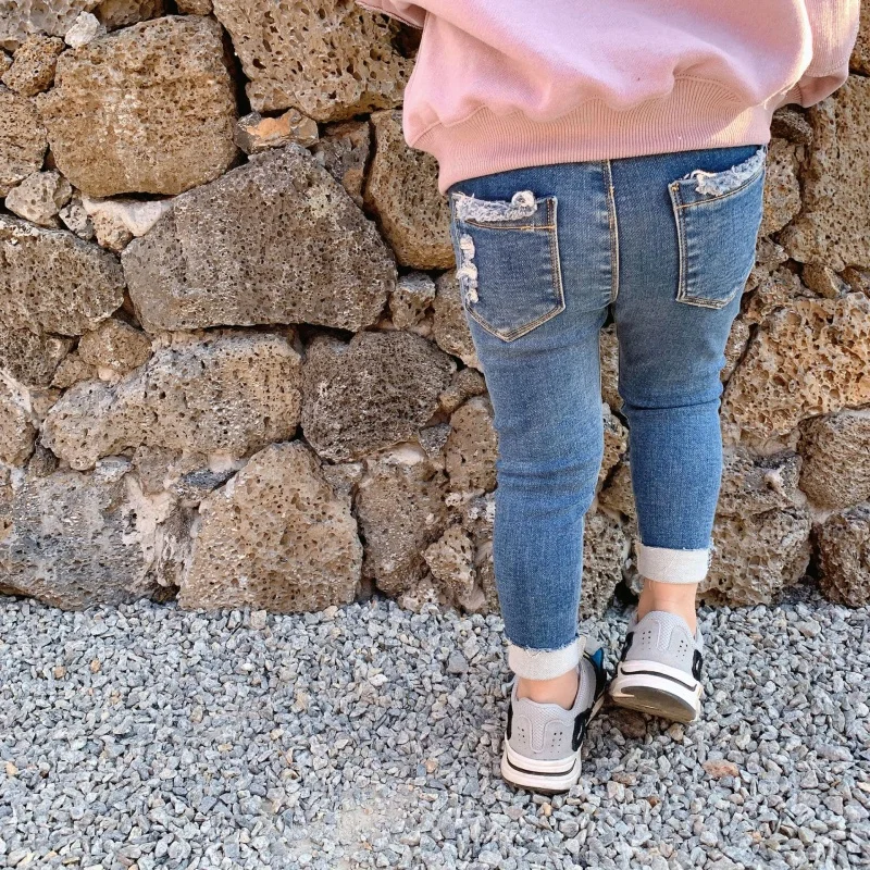 

2-8 Years Girl Children's Jeans Slim Tight Korean Fashion Trousers 90cm-130cm Spring and Autumn Denim Blue Pants