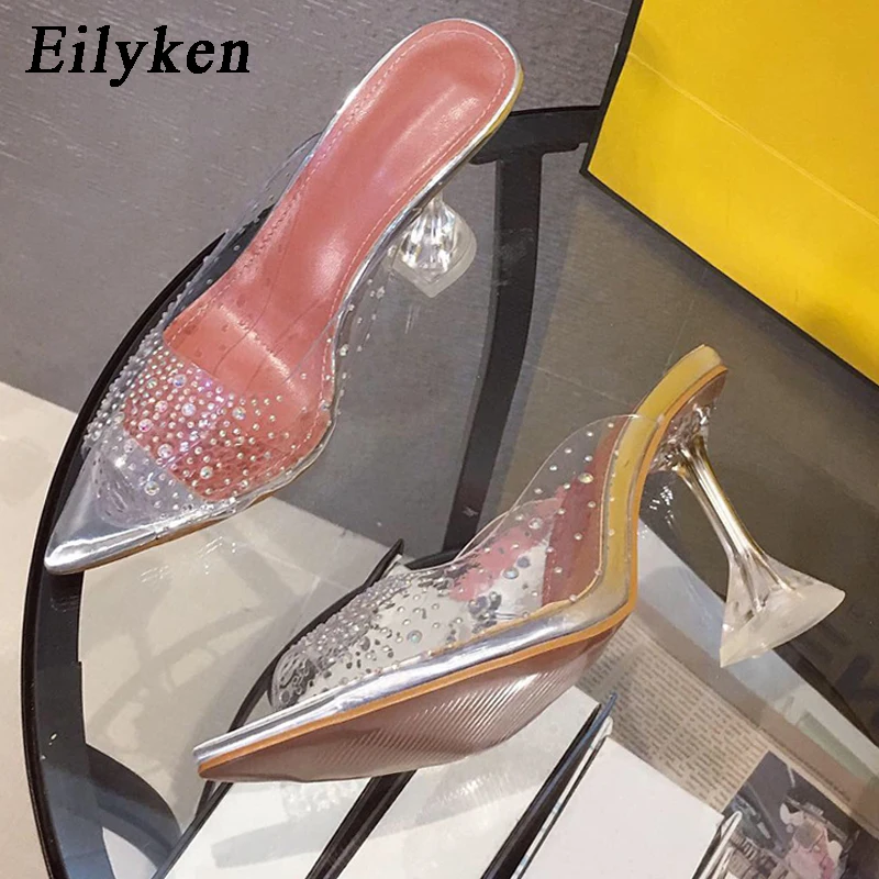 Eilyken/женские шлепанцы; летние туфли из ПВХ на прозрачном каблуке, украшенные кристаллами; женские туфли с острым носком на высоком каблуке для вечеринки и выпускного