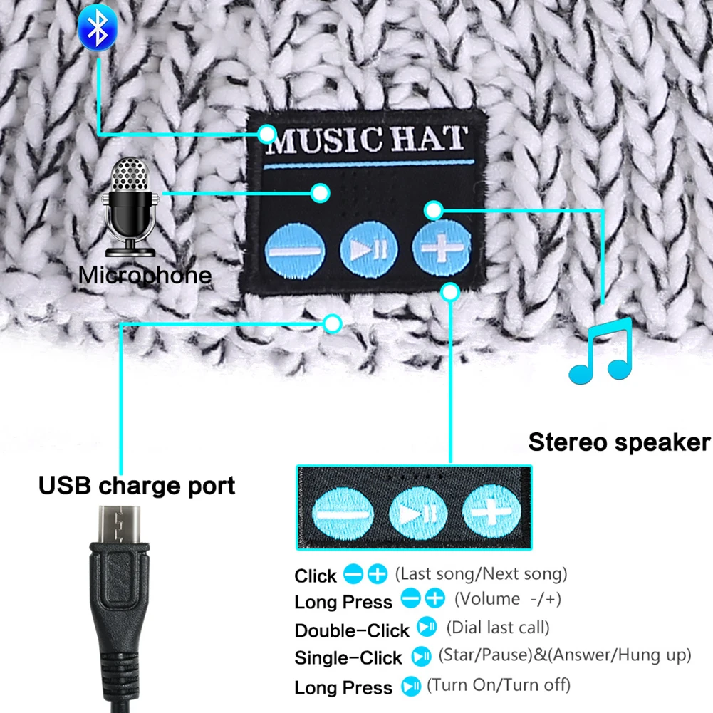 Беспроводная универсальная спортивная музыка Вязание Смарт USB перезаряжаемая Bluetooth шапка вызов эластичный Модный зимний микрофон теплый