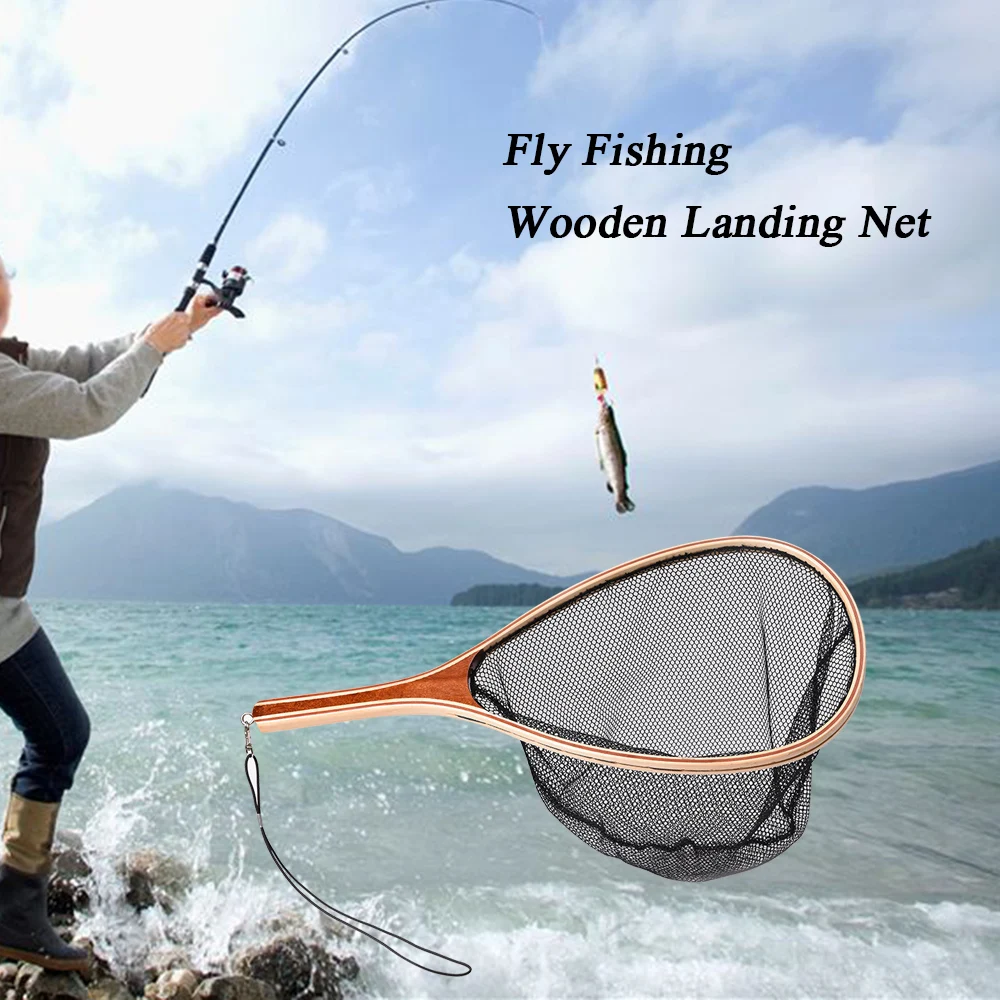 Hot Rubber Fly Fishing Landing Net Fish Catch Release Net Wood Handle Frame D4W4