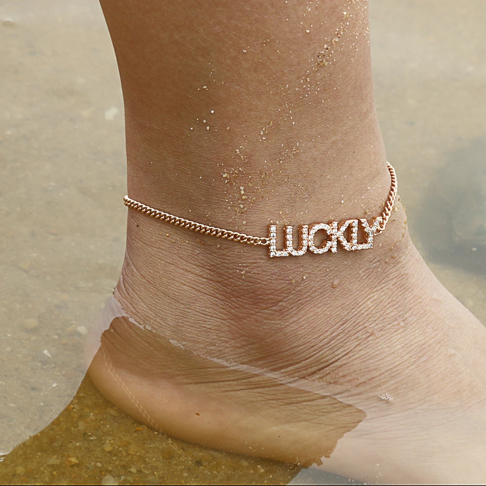 Crystal Custom Name Spaced Letter Anklet Handmade CZ Diamond Gold Silver Initial Hanging Charm