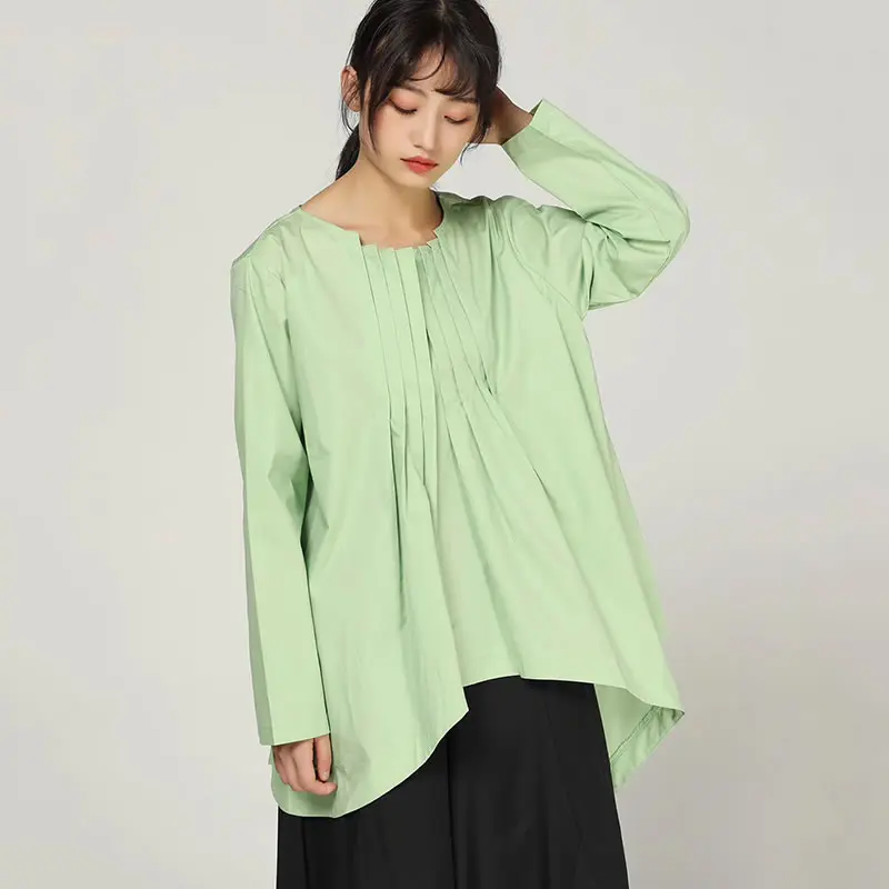 light green WLD2450 XITAO Pleated Pleated Autumn T Shirt Women Clothes O Neck Pullover Elegant Small Fresh Irregular Casual Style Tee WLD2450 - Color: light green WLD2450