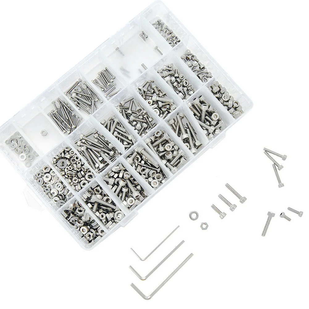 

1080PCS Nut Bolt Set Screws M2 M3 M4 Accessories Hex Socket Fastener Thread With Storage Box Stainless Steel Hardware Washer