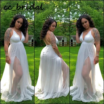 

Soft Tulle Long Prom Dresses 2020 Sexy V-neck Formal Evening Party Night Gowns Elegant High Split robe de soiree Custom Made
