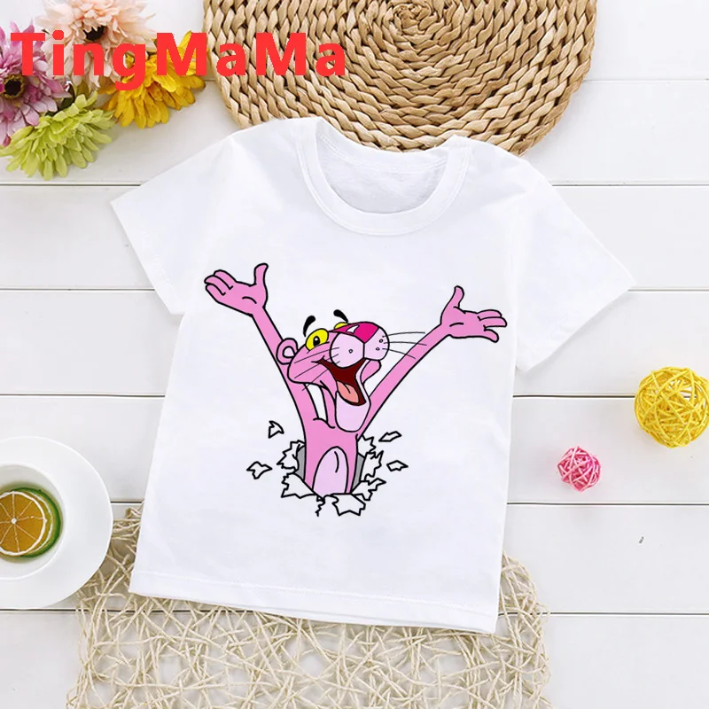 Футболка Kawaii с розовой пантерой Детская летняя футболка забавным рисунком топы