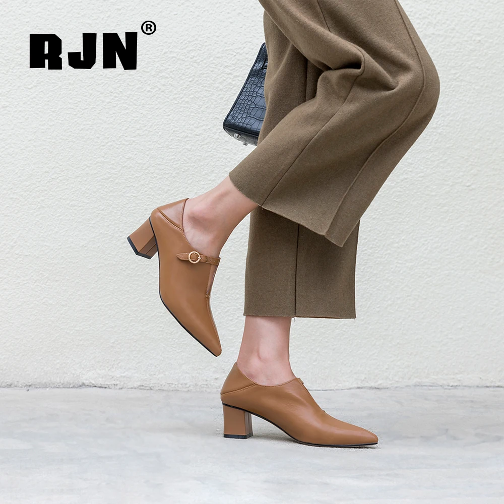 RJN Genuine Leather Women Pumps Sexy Pointed Toe High Square Heel Stylish Buckle Decoration Slip-On Ladies Pumps For Job RO30