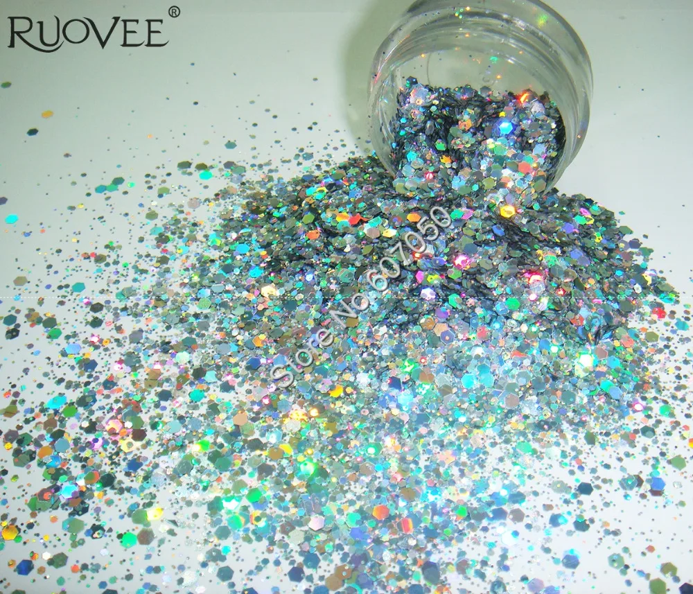 

Wholesale Holographic Laser Silver Color Nail Glitter Mix Hexagon Paillette Spangle Powder Shape for Nail Art Glitter Craft Deco