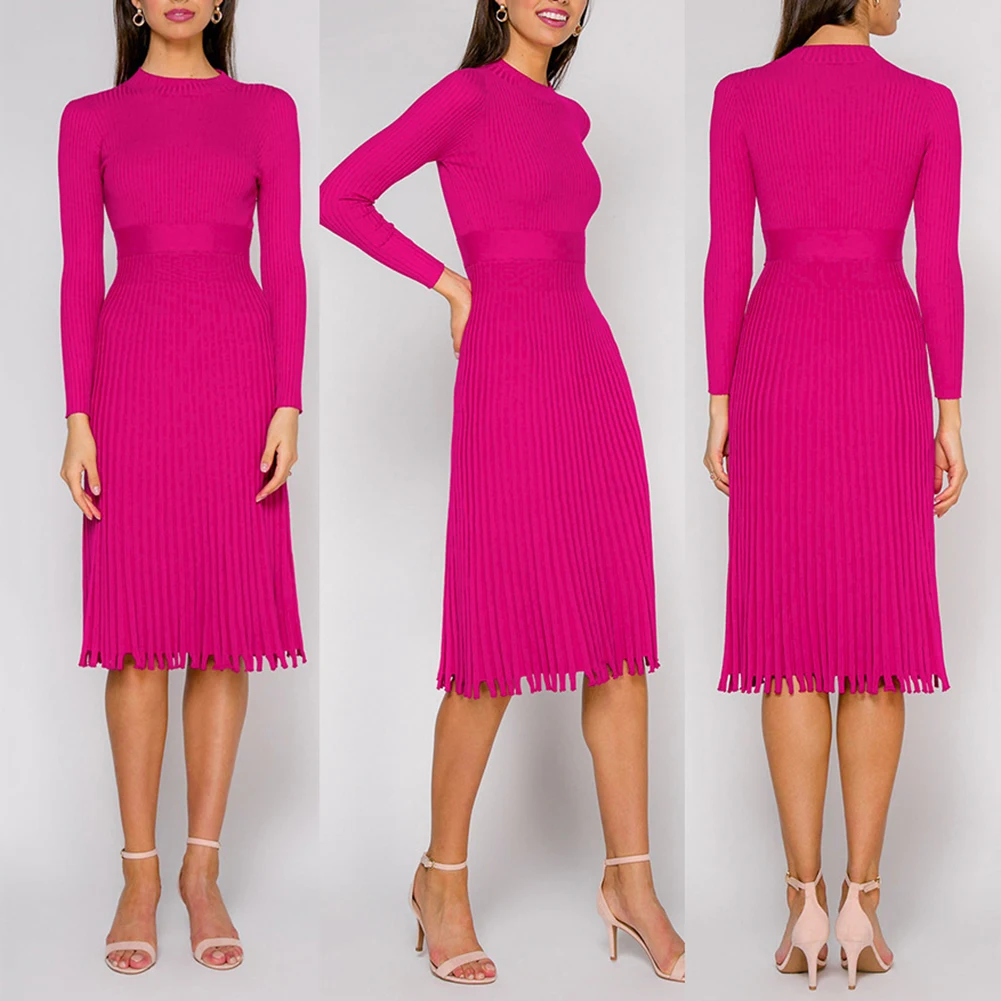 Vintage Women Long Sleeve O Neck Waist Tight Knitted Pleated Midi Sweater Dress