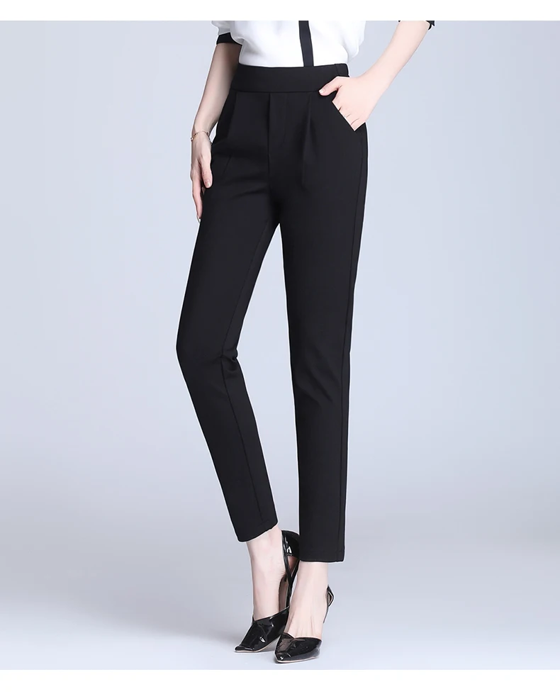 Black Stretch Pencil Pants for Women Fashion Office Work Elegant Trousers New Casual Slim Thin Korean Pockets Ankle-Length Pants