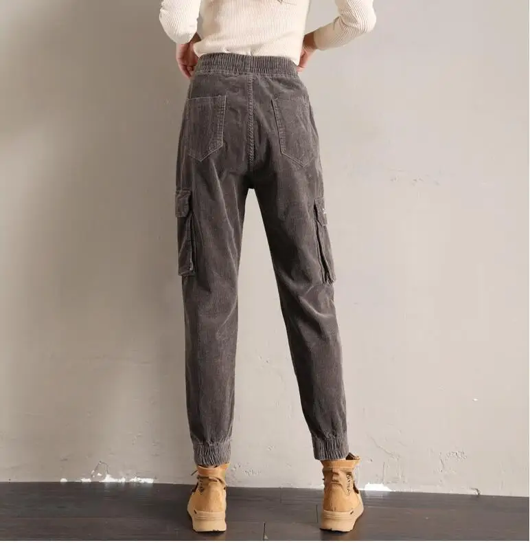 autumn beam feet high waist casual trousers Women's loose pocket harem pants Women's Elastic waist pants Female Corduroy pants