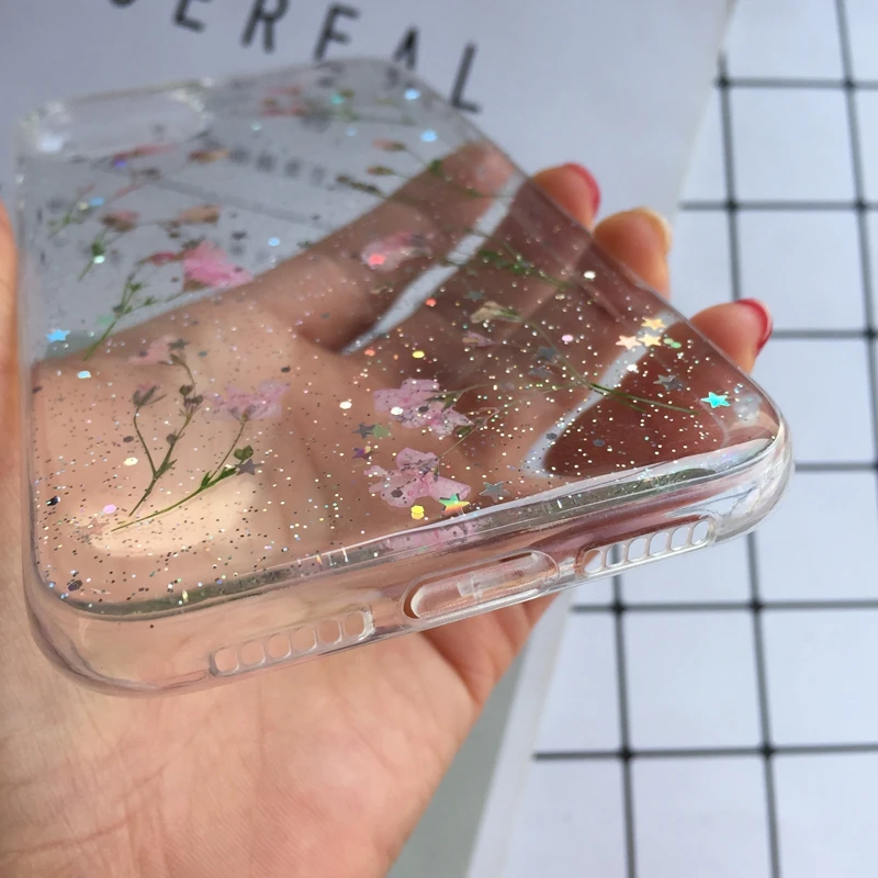 Tfshining настоящий прессованный высушенный чехол с цветами для iphone 11 11pro max X XR Xs max 6 6s 7 8 plus, прозрачный чехол, блестящий девчачий чехол