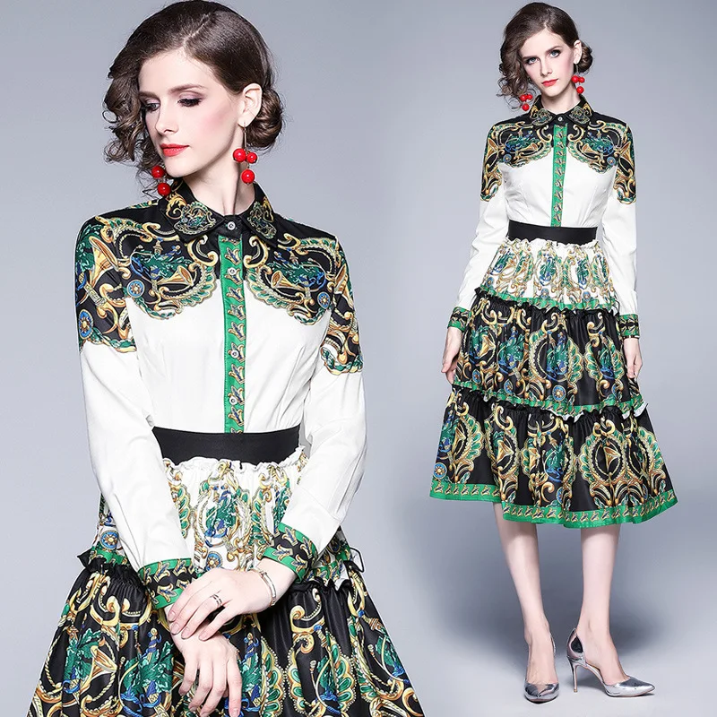

Photo Shoot 2019 Autumn New Style Europe And America WOMEN'S Dress Fold-down Collar Long Sleeve Waist Hugging Frilled A- line Pr