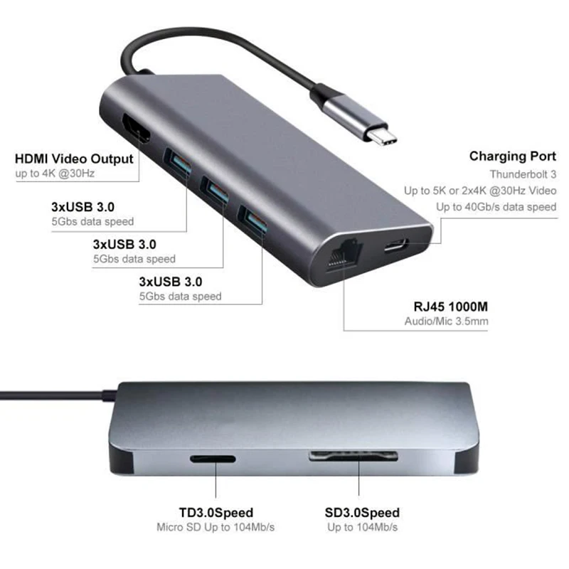 USB usb-хаб 8 в 1 высокоскоростной концентратор с функцией HDMI кабеля PD быстрая зарядка автомобильное устройство чтения Мульти USB 3,0 концентратор для ноутбука