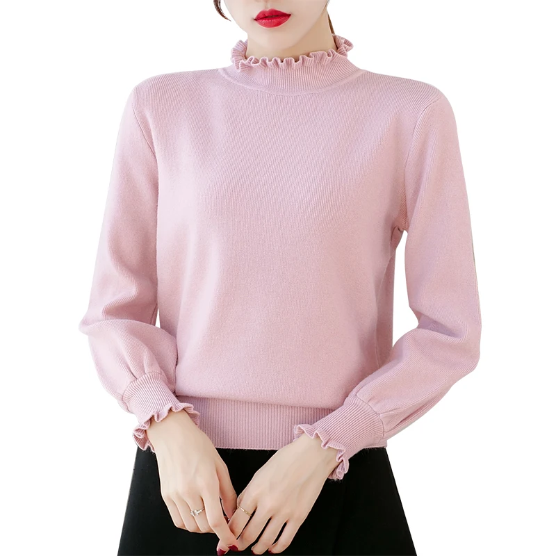 

Autumn Winter Thick Sweater Women Knitted Ribbed Pullover Sweater Ruffle Long Sleeve Slim Jumper Soft Warm Pull Femme Pink