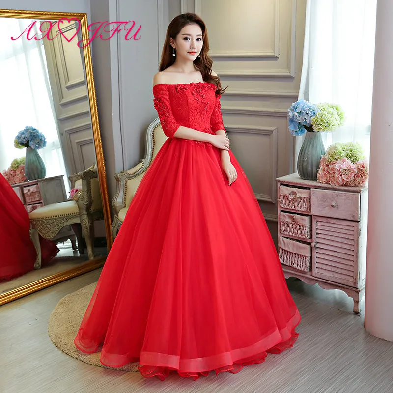 AXJFU роскошное красное кружевное вечернее свадебное платье принцессы винтажные бисерные украшения для выреза «Лодочка» Хрустальный цветок бальное платье Главная сцена вечернее платье