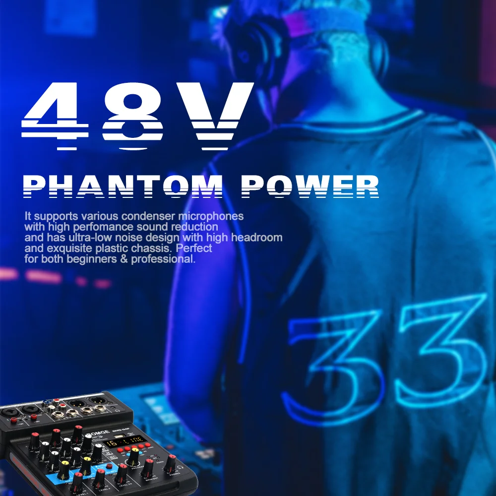 Miumaeov Professional 4-Channel Audio Mixer Sound Board Bluetooth USB Live  Studio Mixer with USB Drive for PC Recording 48V Phantom Power Stereo DJ