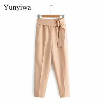 

2020 Women Fashion Buckle Decoration Elastic Waist Linen Pants Office Wear Chic Trousers Female Streetwear Pantalones