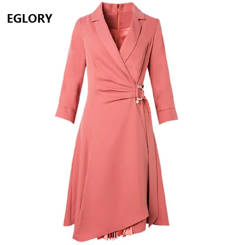 

XXL Dress Vestidos 2021 Spring Party Event Women Notched Collar Metal Ring Deco Pleated Patchwork Elegant Long Blazer Dress OL