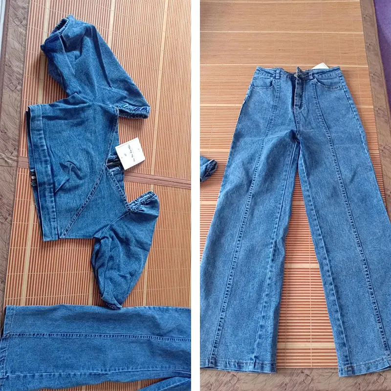 spring Denim Two Piece Set 2020 Women Fashion Sexy V-Neck Lantern sleeve short Top + High Waist Denim Wide-legged Pants set