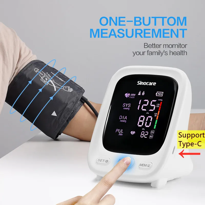 Sinocare Blood Pressure Monitor Tensiometer Upper Arm Automatic Digital BP Machine Pulse Heart Rate Meter LCD Display