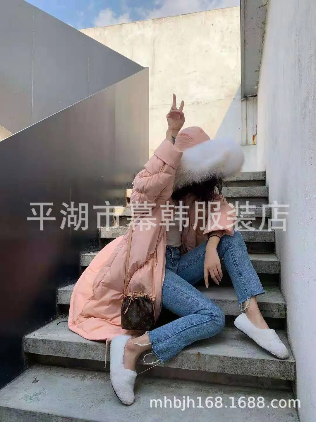 Dongdaemun,, стиль, корейский стиль, с капюшоном, большой меховой воротник, длинный, выше колена, пуховик, женское, зимнее, плотное, теплое пальто