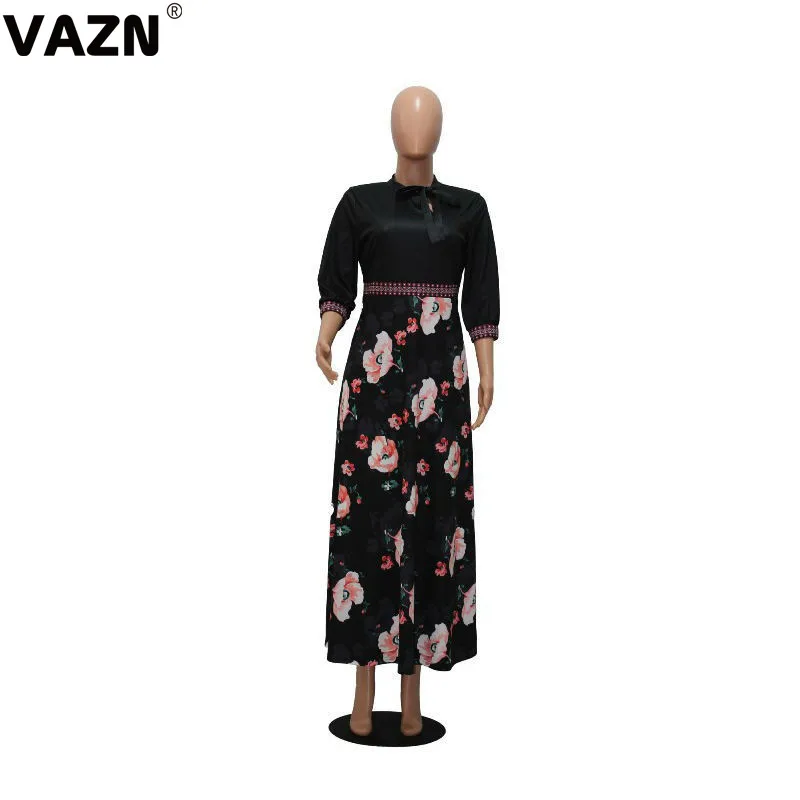VAZN JLY1824, новинка, для молодых леди, для заметок, неопрятный, офисный, черный, прозрачный, с принтом, половина рукава, высокая талия, женское облегающее и расклешенное Макси платье