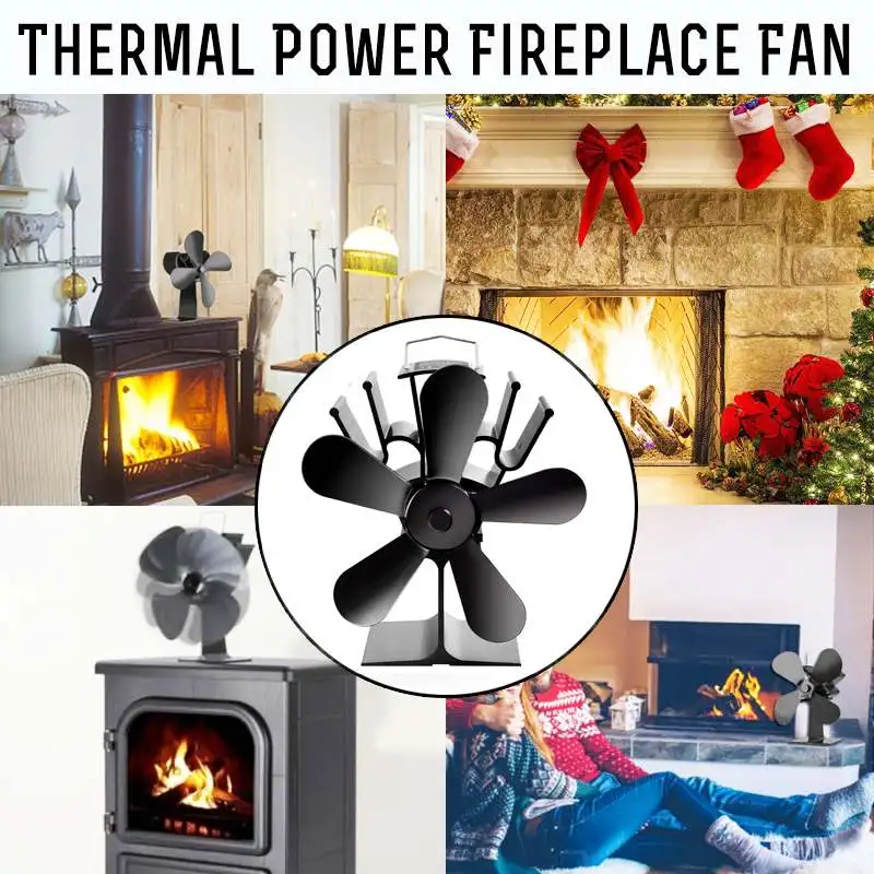 Wood Stove Fan Heat Powered Fireplace Log Wood Burner Silent Eco-friendly Fan 5 Blade Fan Chimney Heat Distributio