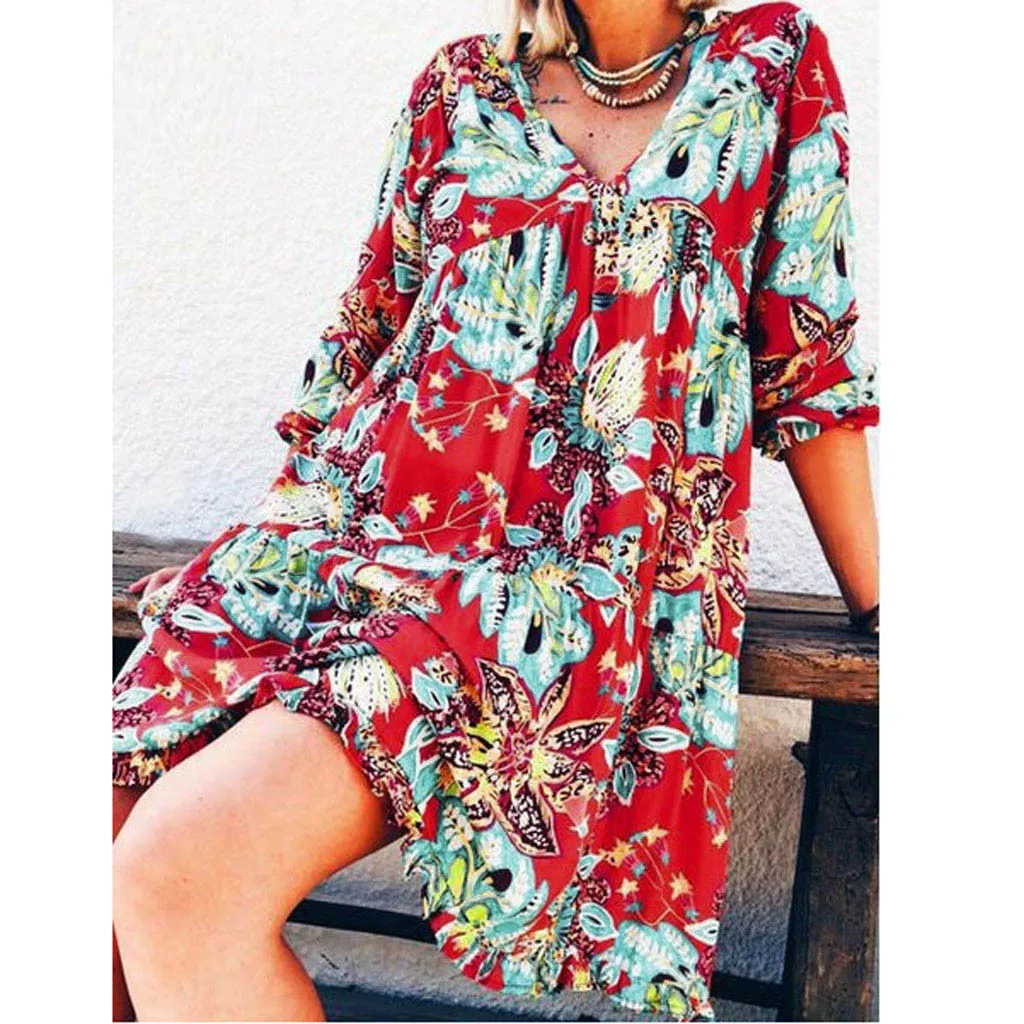 Feitong осенние женские платья Boho Цветочные с длинным рукавом платье Праздничная пляжная рубашка платье дамы печати Мини платье Плюс Размер 7#3a1