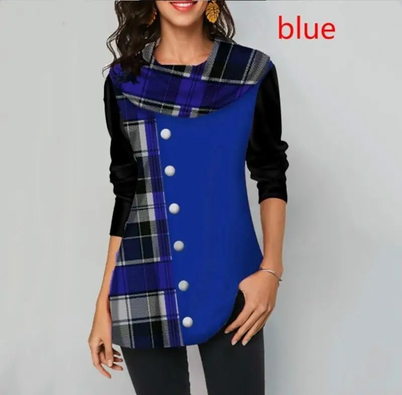  Shirt Blouse Women Spring Stitching Plaid Button Decorate Long Sleeve Shirt Ladies Casual Loose Plu