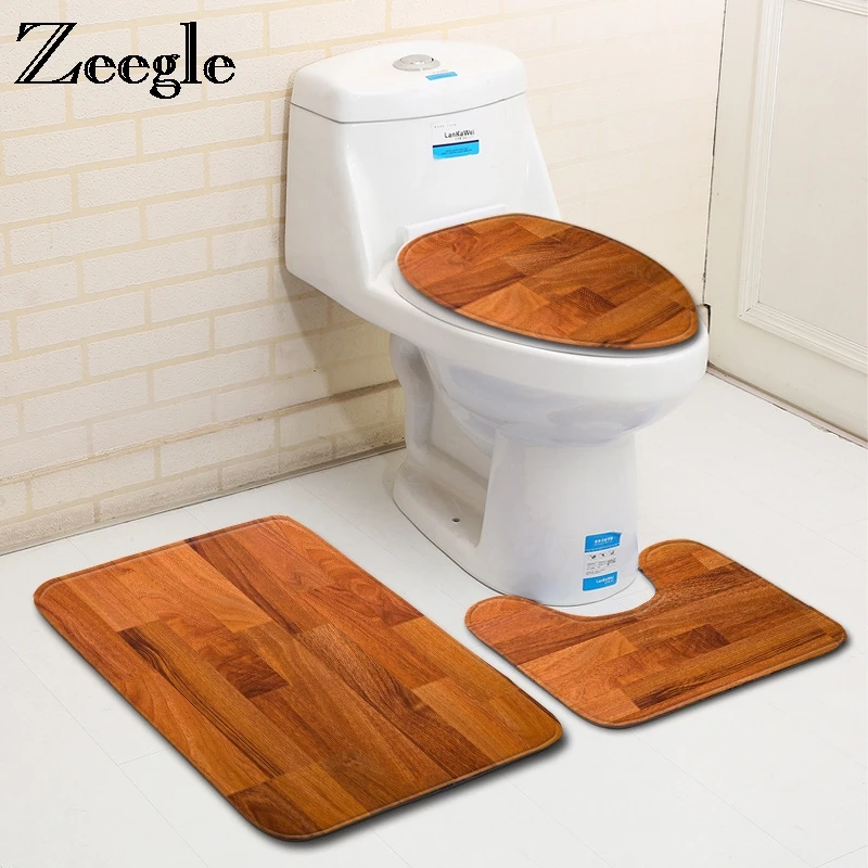 Zeegle 3Pcs Carpet For Bathroom Wood Printed Bath Mat 3pcs Mats For Toilet Absorbent Bath Rugs Toilet Lid Cover Doormats