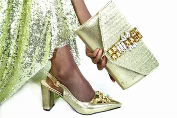 

Amazing Gold African High Heel Pointed Toe Shoes And Evening Bag Set With Stones G82 Heel Height 8cm