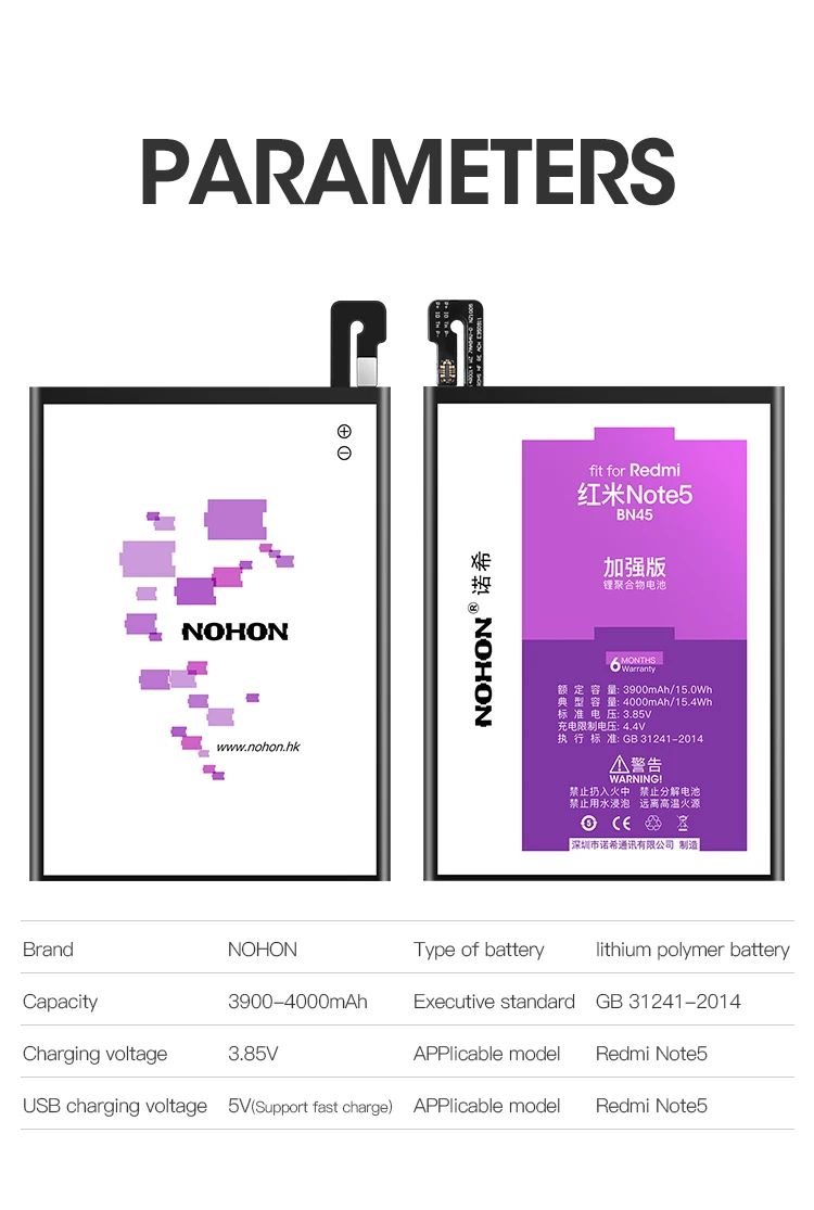 Original NOHON Battery BN45 BN43 BN41 BM46 BM45 For Xiaomi Redmi Note 5 4 4X 3 2 Replacement Bateria Lithium Polymer Batteries