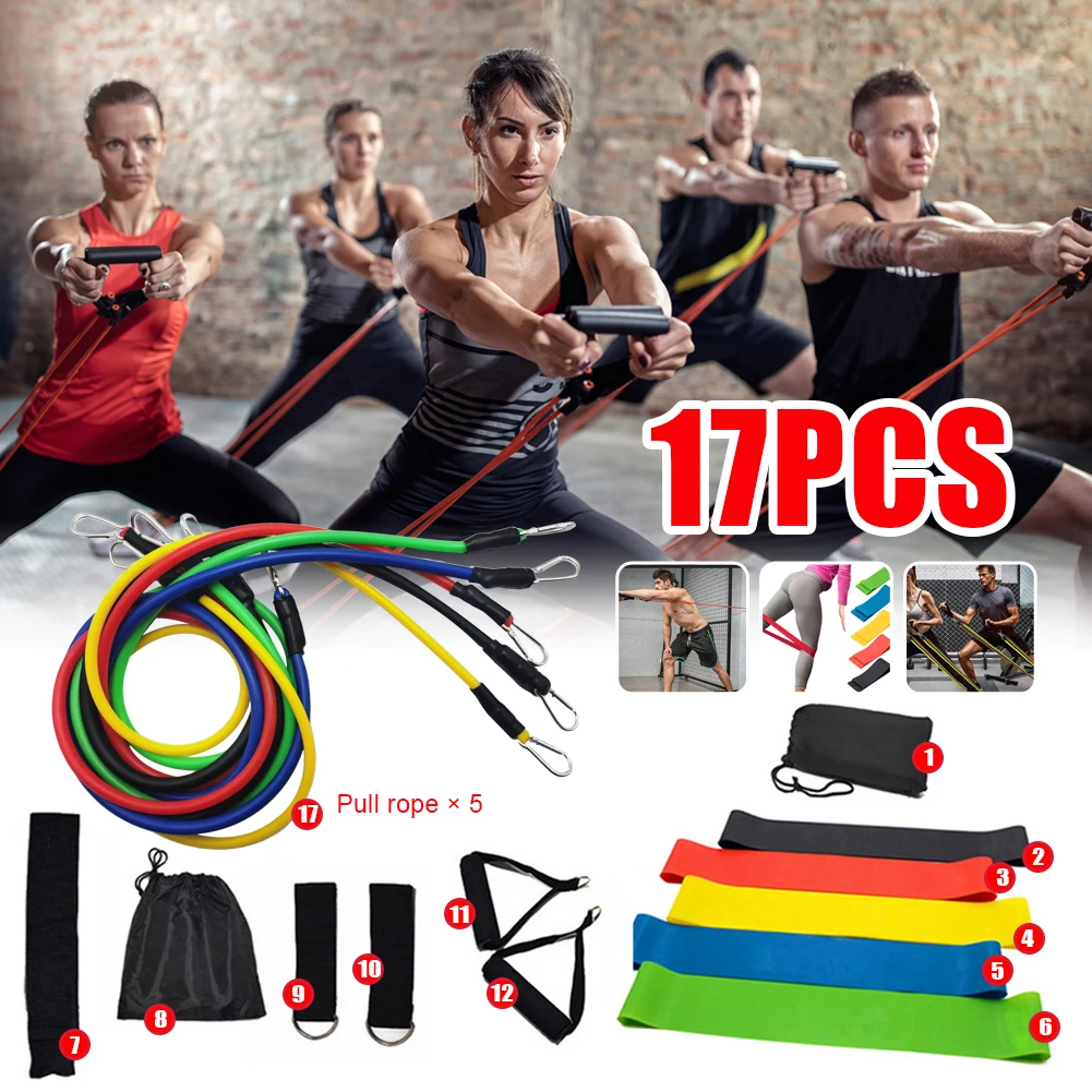 17PCS Resistance Bands Set Yoga Pilates Latex Exercise Fitness Rally
