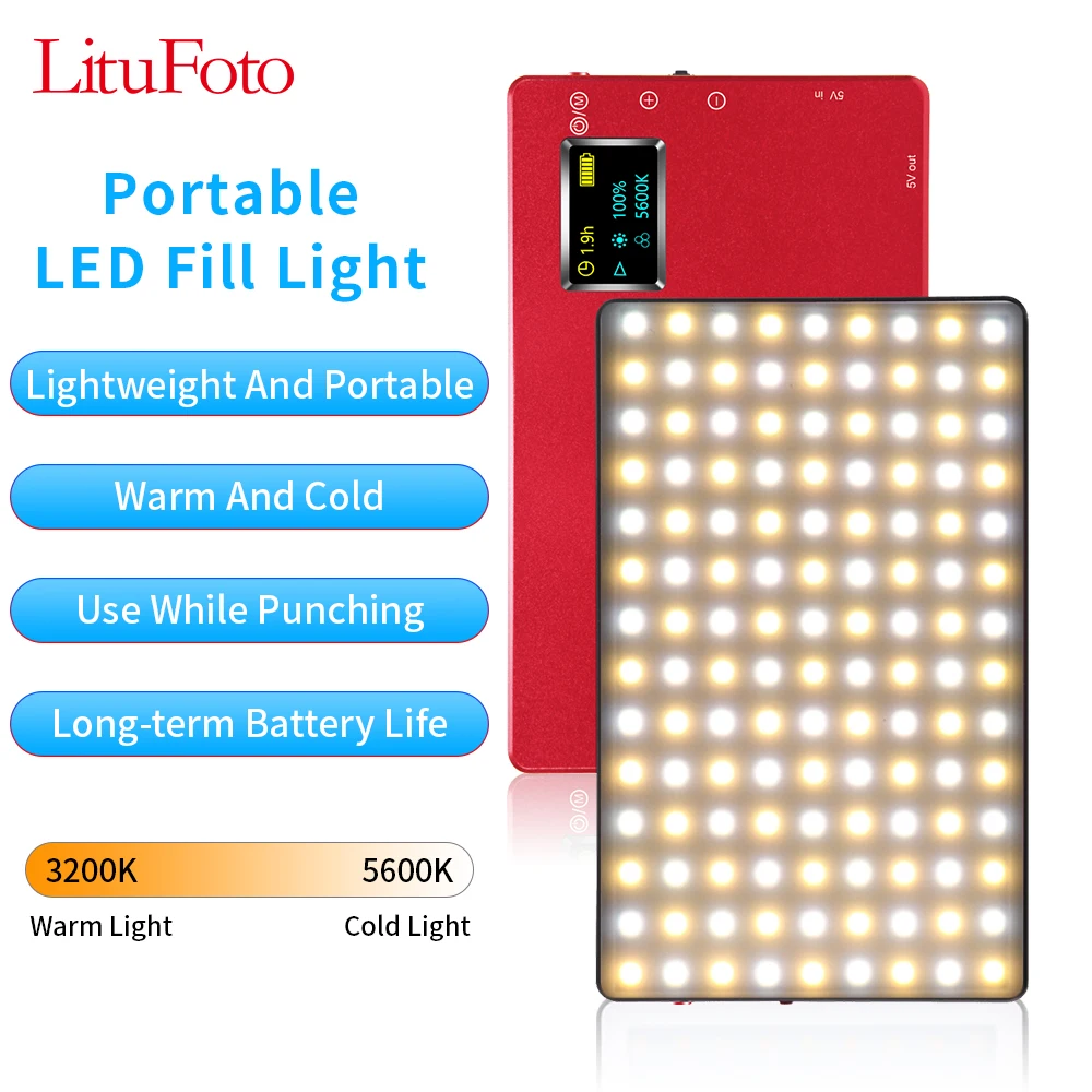 

LituFoto Red/Black N126 Mini Portable LED Video Lamp 4040mAh 3200K-5600K 9W Zoom Lighting Photographic Lighting Vlog Fill Light