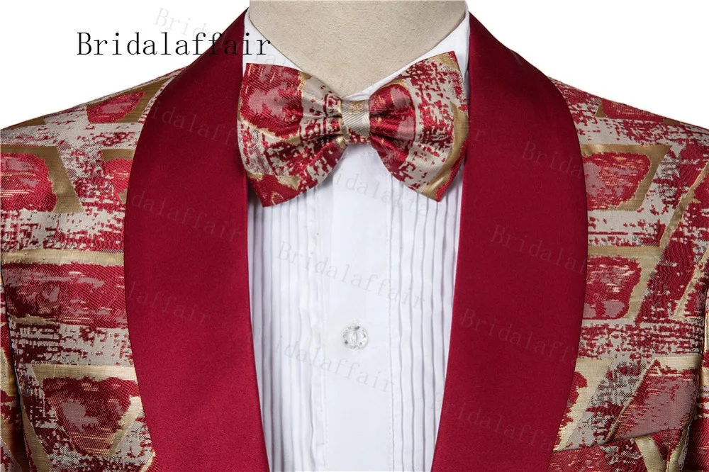 Bridalaffair мужские костюмы с красным отворотом Роскошные смокинги Jacqaurd Нежные мужские костюмы высокое качество свадебные смокинги жениха куртка+ жилет+ брюки
