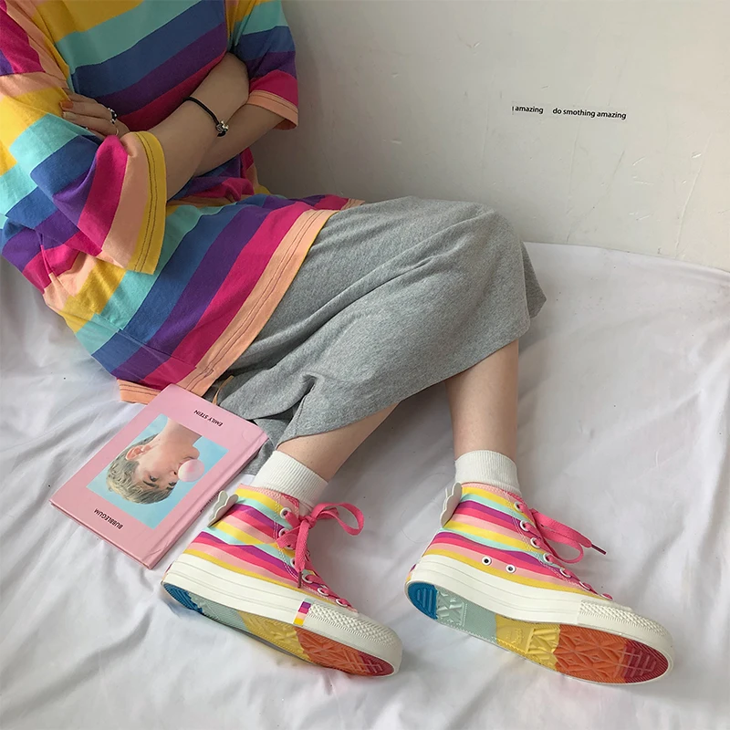 Womens Round Toe Angel Rainbow Colors Sneakers Skateboard Lace Up Platform Shoes High Top Korean Style Girls Preppy Cute A1545