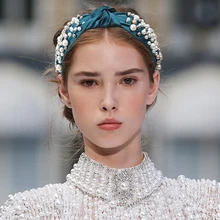 Diadema tejida con bordado Retro para mujer, bandana con estampado étnico de flores a cuadros, diademas con perlas, accesorios de Aro para el cabello