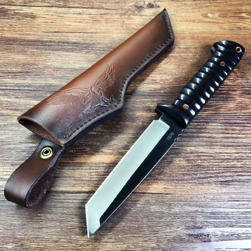 Japanese Fixed Blade Knife Ebony DC53 Tanto Blade Outdoor Tactical Camping Hunting Survival