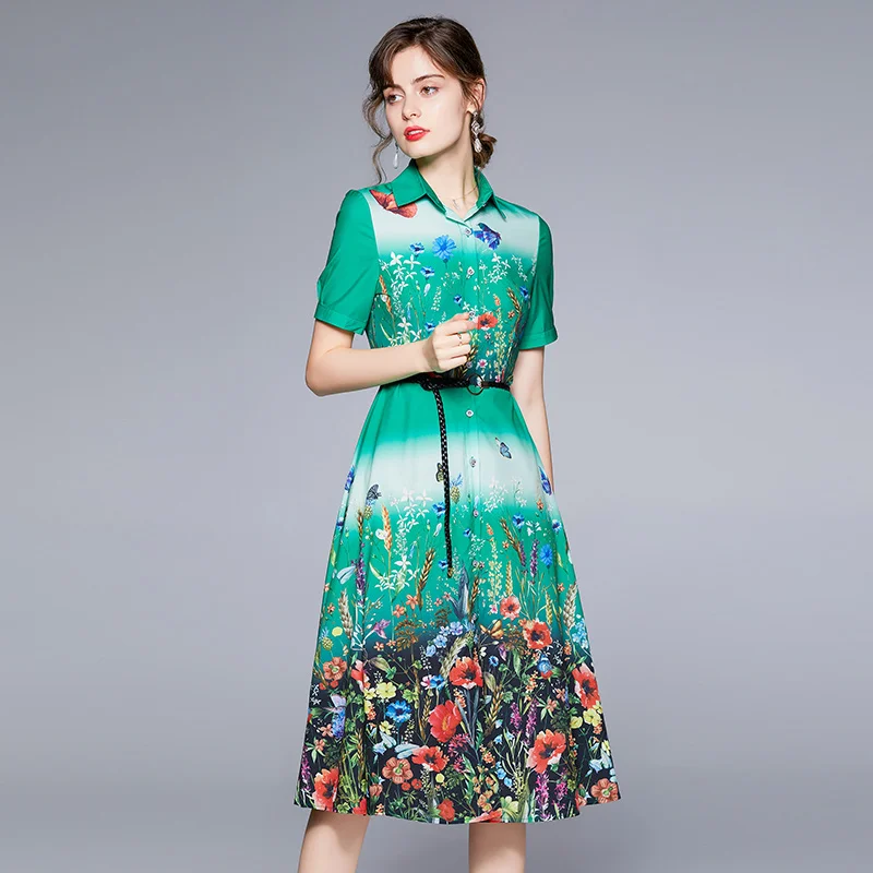 

Runway Summer Midi Dress for Women 2022 Elegant Turn Down Neck Single Breast Floral Print Bow Belt OL Shirt Dress k8586