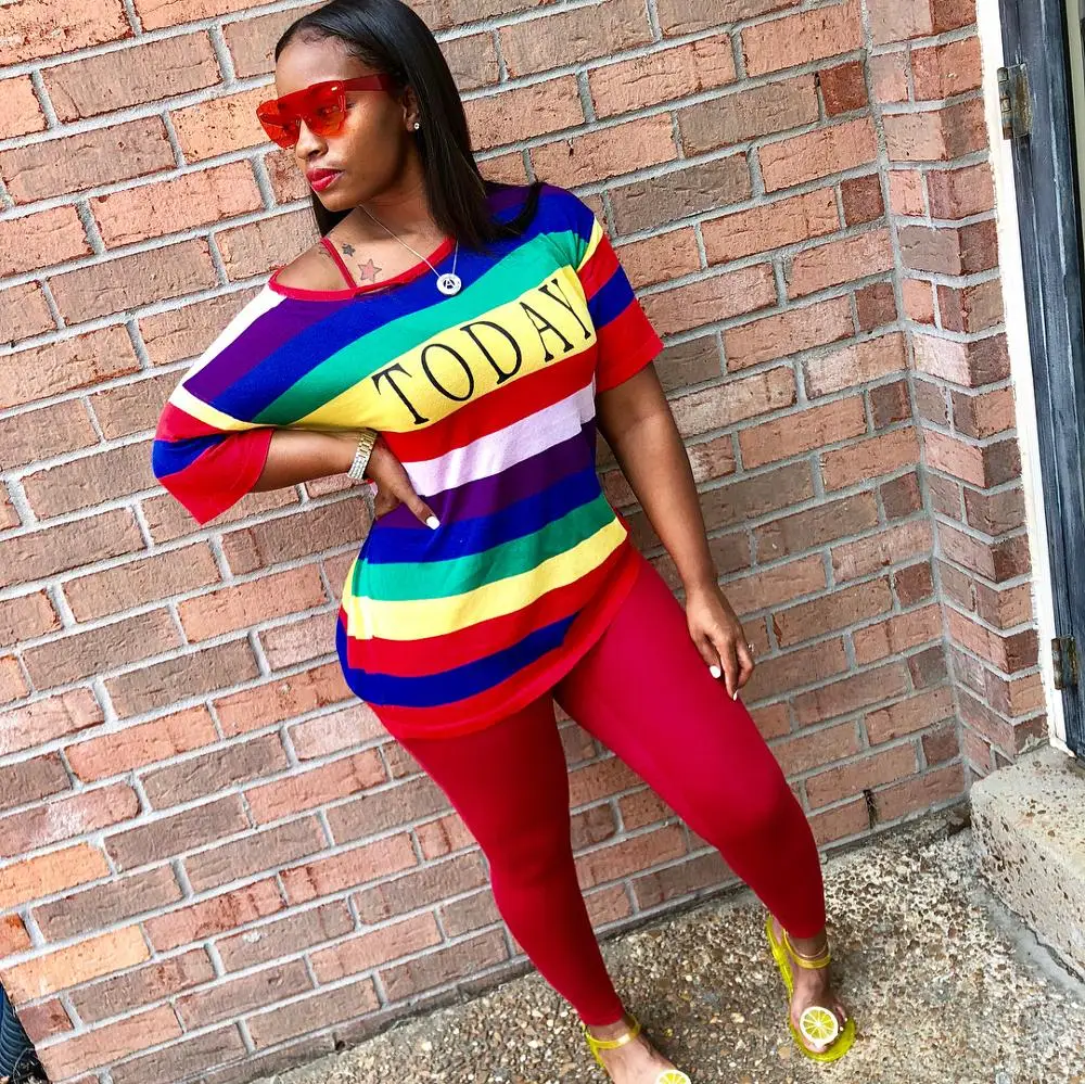 

Autumn Fashion Sporting Women set Rainbow Striped Letter Print T-shirt Skinny Pencil Pants Suit Two Piece Set Elegant Tracksuit