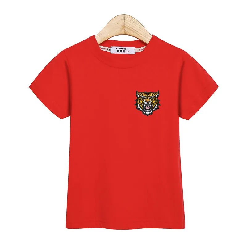 Детская модная рубашка с вышивкой; Футболка С Рисунком Тигра на груди для мальчиков; хлопковая детская одежда с короткими рукавами; рубашка с аппликацией животного для мальчиков - Цвет: red