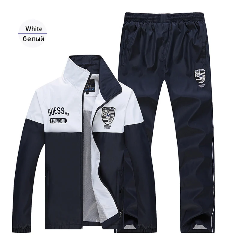 Brand Running Sets Mens Clothes Tracksuit Set Windproof Polyester Sportwear Jogger Jacket Keep warm Two Piece Track Pants - Цвет: White