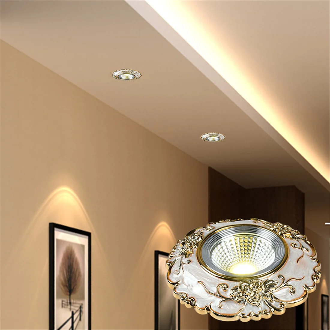 Art Deco Resin Golden Flower Pattern Cob Led Downlight 3W 5W 7W Indoor Home Living Room Aisle Recessed Spot Lamp 8Cm Hole 220V
